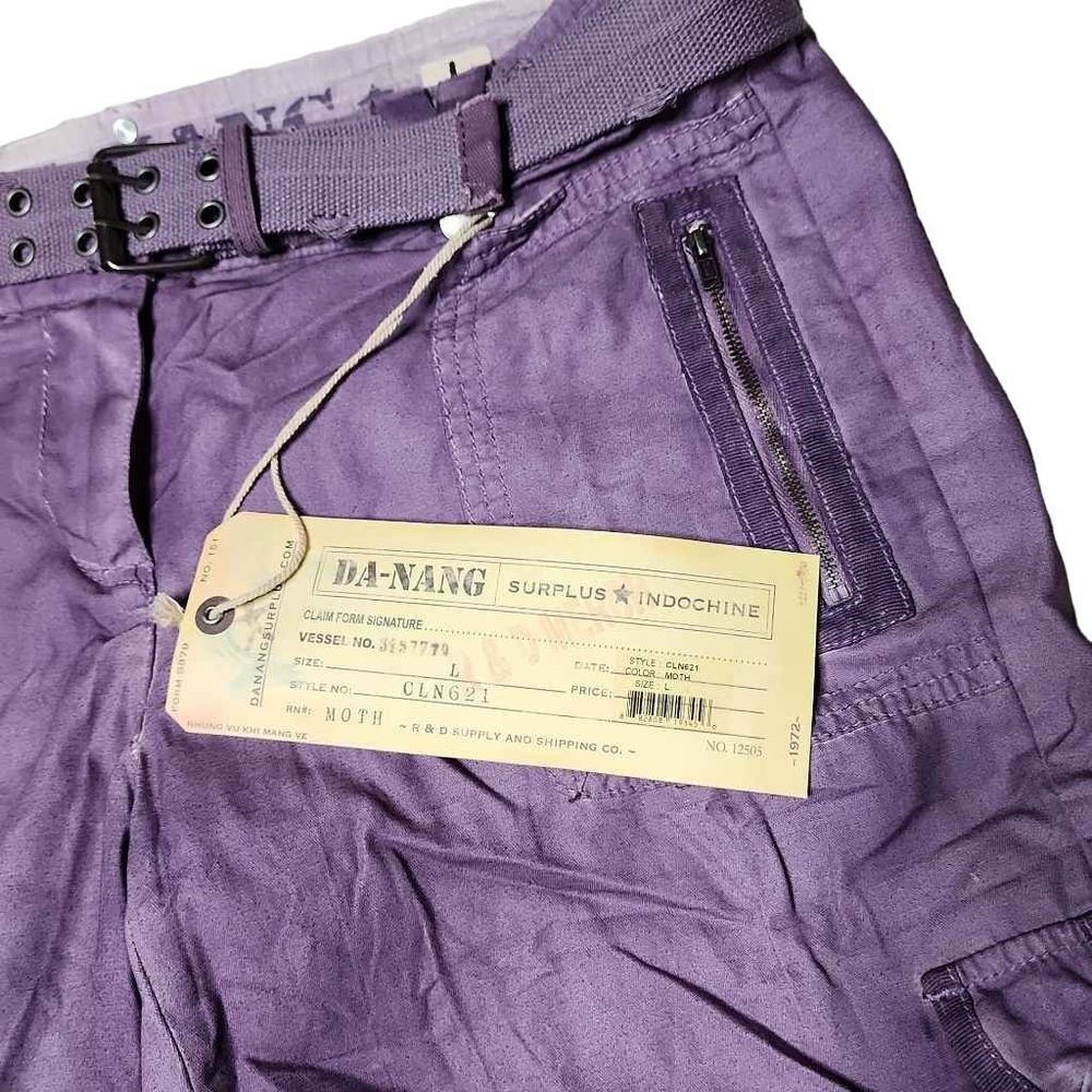 Da-nang moth purple distressed mid rise pocketed cargo 11.5" belted shorts - Picture 3 of 6